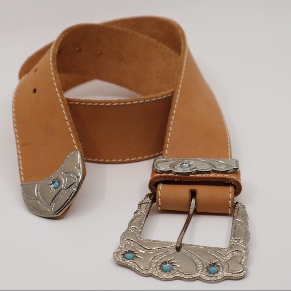 Vintage Accessories - Vintage Revcor Belt Tan Turquoise Silver Buckle